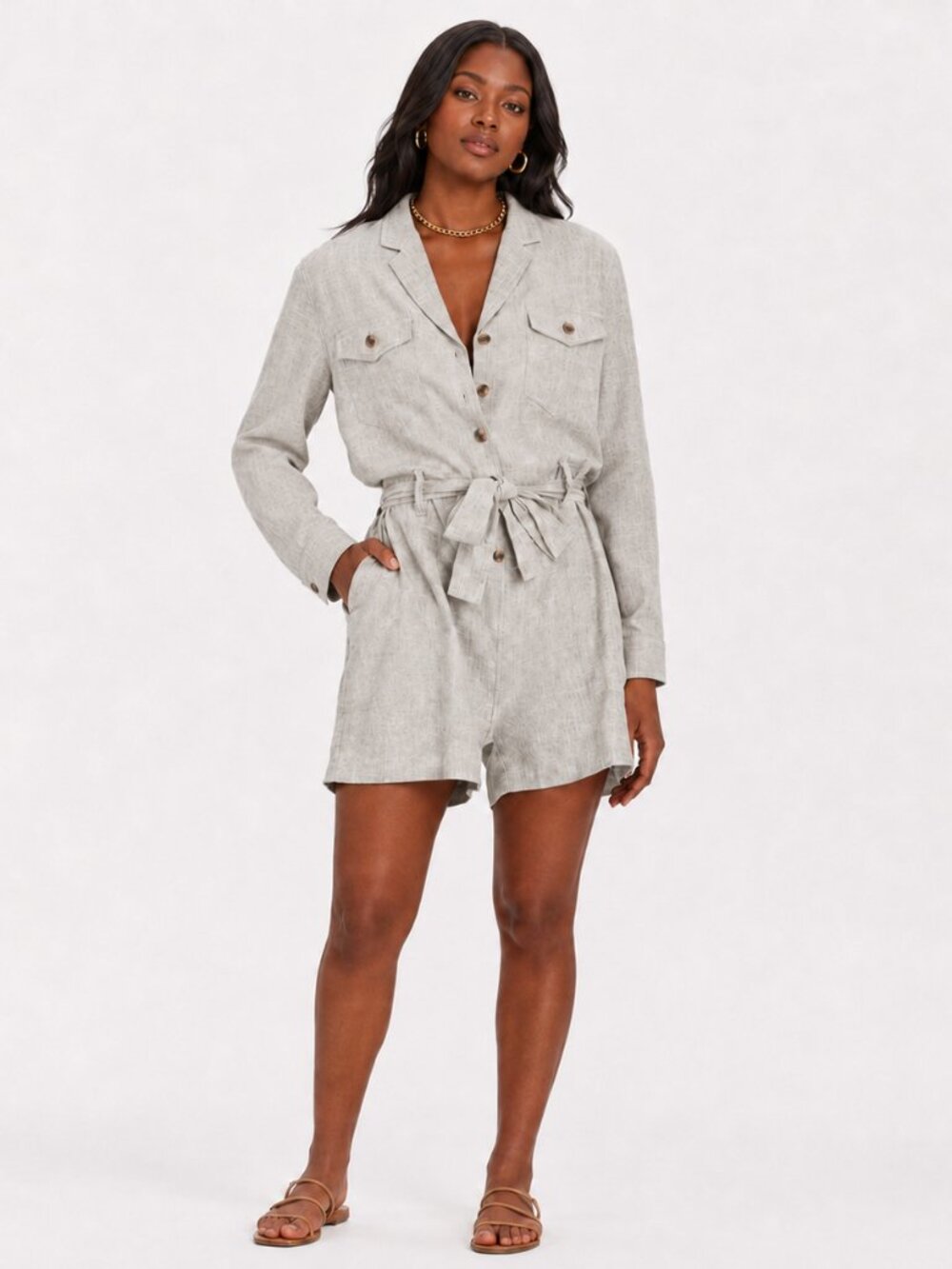 Rails Mia light Toffee Linen Long Sleeve Belted Utility Romper Flap Pockets Sz S